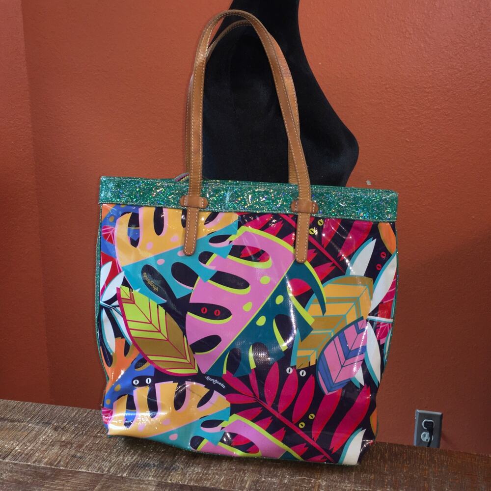 Consuela Maya Classic Tote Multi Color Palm Leaf Handbag Glitter Pop Art